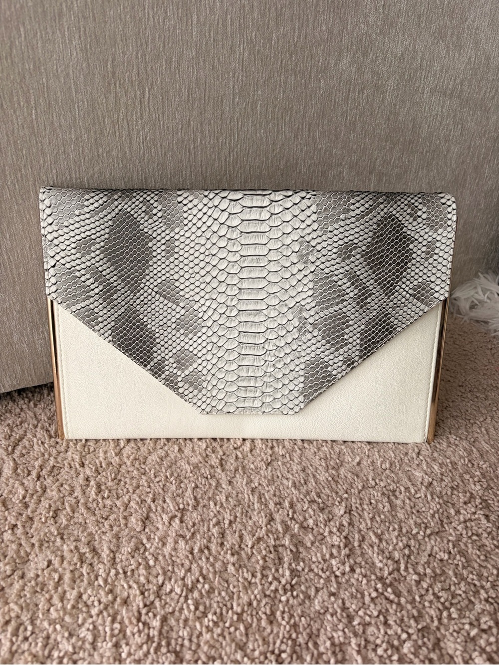 White and Gray Snake-Print Envelope Clutch